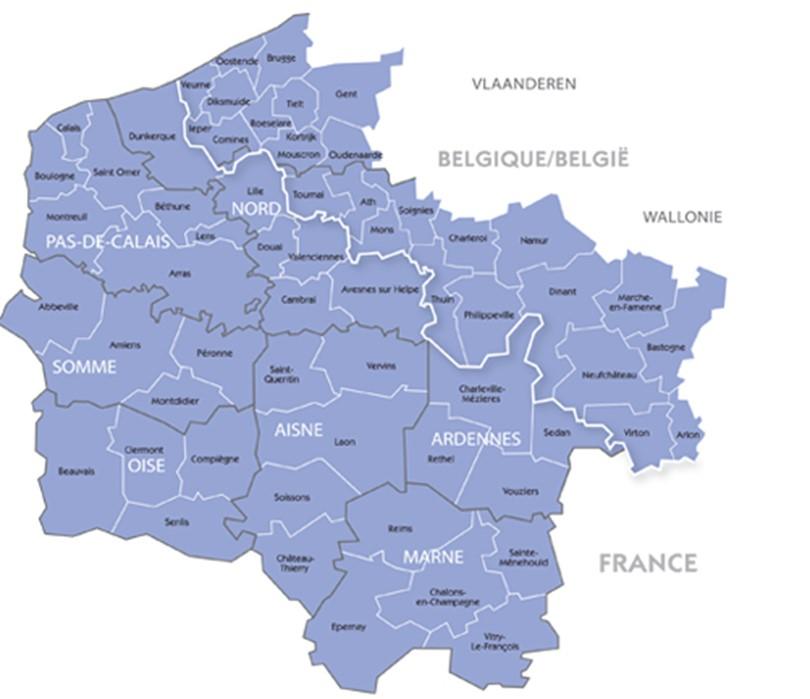 Carte de la zone couverte par le programme Interreg VI France-Wallonie-Vlanderen